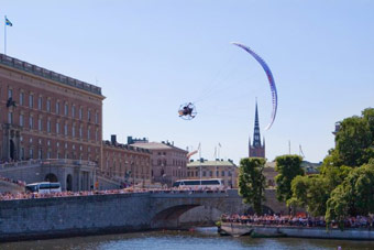 Paramotor show in the center of Stockholm, Sweden
